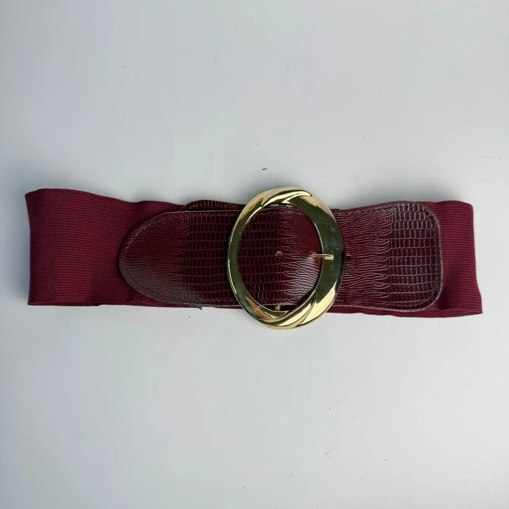 Vintage 80s Elastic Cinch Belt Gold Metal Buckle XS S Burgundy Red Wide Waist